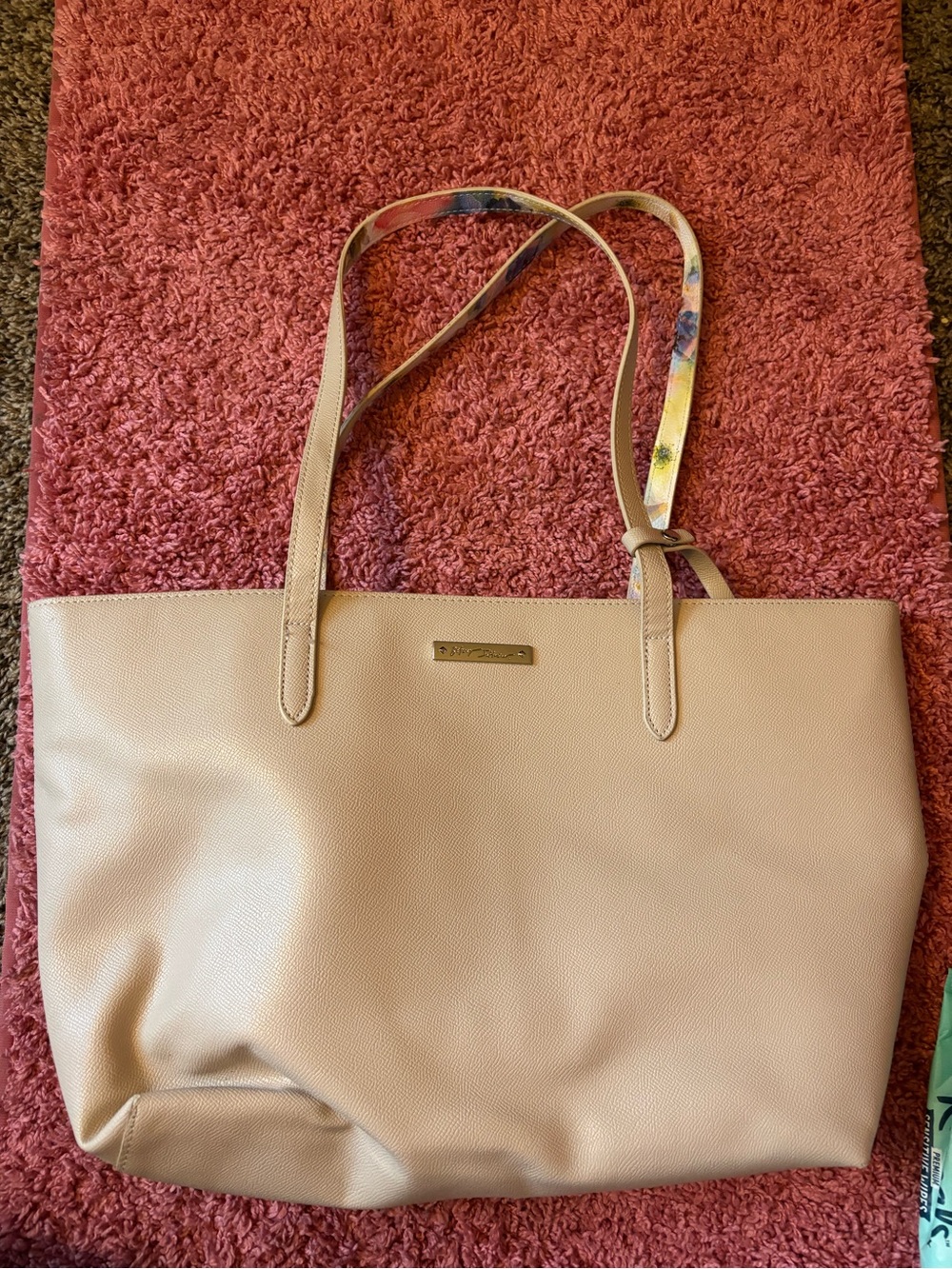 Light Beige Pebbled Tote with Patterned Shoulder Strap